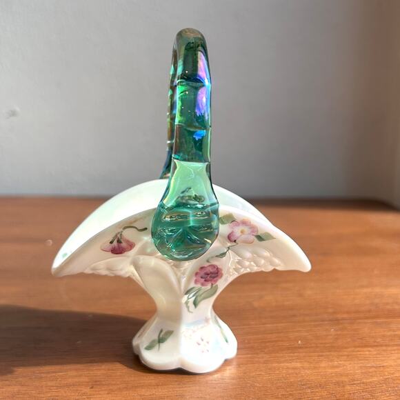 Fenton Mini Basket White 4.5" Iridescent Peacock Tail Floral Signed QVC 2001 - Picture 3 of 11